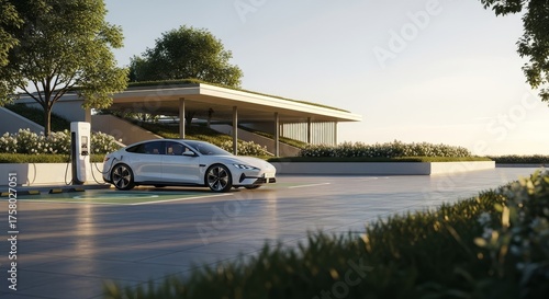 Sleek Electric Vehicle Charging at a Modern, Eco-Friendly Station
