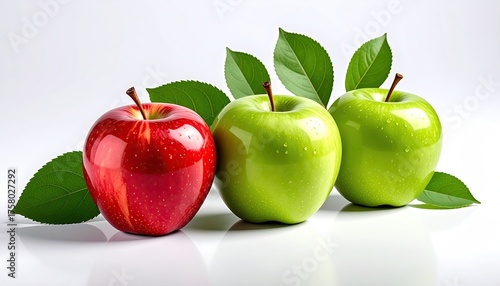 Three fresh apples one red and two green with water droplets and green leaves on a white background studio lighting