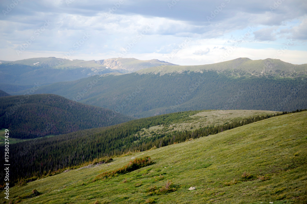 Obraz premium Majestic mountain landscape in the morning with clouds over green grass and a vast sky, offering an alpine view of peaks and forest