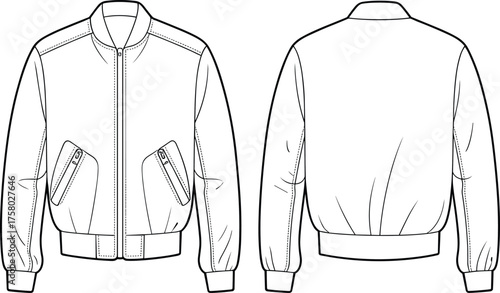 Bomber jacket technical flat sketch, CAD drawing fashion vector illustration showing front and back detailed view for apparel design template