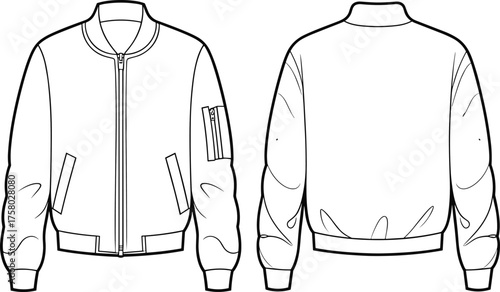 Classic bomber jacket technical flat sketch with front zipper and sleeve pocket fashion design outline, cad drawing flat vector illustration