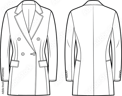 Classic double breasted coat technical flat sketch, long sleeve tailored outerwear fashion design, front and back view, detailed cad drawing vector illustration