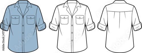 Classic button up shirt technical fashion flat sketch with rolled sleeves and front pockets design, cad drawing flat vector illustration