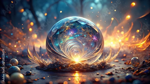 A luminous sphere, nestled within a mystical landscape, reveals an inner cosmos; swirling nebulae and radiant energy emanate from its depths, creating an ethereal and enchanting scene.