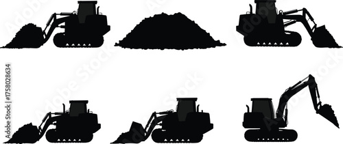 Construction vehicle silhouettes, bulldozer and excavator icons, dirt pile illustration, heavy machinery vector, earthmoving equipment, black industrial shapes for building themes