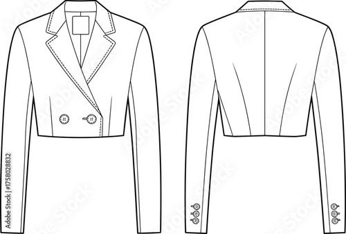 Cropped double breasted blazer flat sketch, fashion technical drawing vector, front and back view illustration, apparel template, garment construction design
