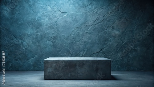 A solitary concrete block rests on a dark floor against a textured teal wall, ideal for product display or minimalist composition.