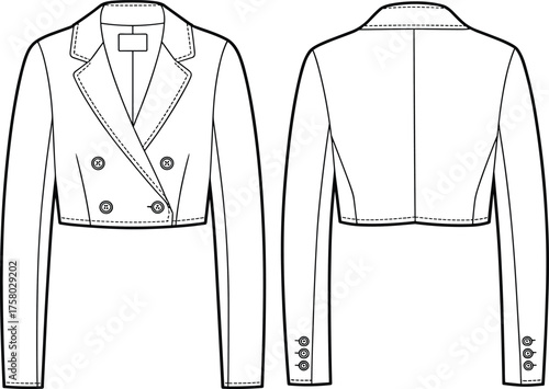 Cropped double breasted blazer flat sketch, fashion technical drawing, front and back view vector, apparel design template, garment construction illustration