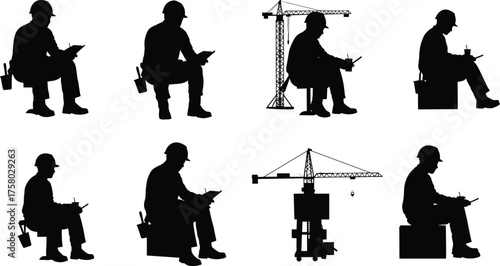  Construction worker silhouette with clipboard, crane lifting structure, industrial site planning, engineering supervision, safety gear, black vector icons on white background