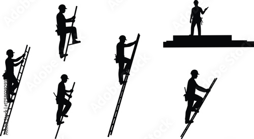  Construction worker silhouette with ladder ascent, heights work, safety helmet, manual tool, vector illustration for elevation effort, scaffolding, maintenance, labor pose