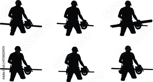  Construction worker silhouette, circular saw, lumber, hard hat, tool belt, industrial labor, black vector icon, uniform pose, tradesman illustration, stock design
