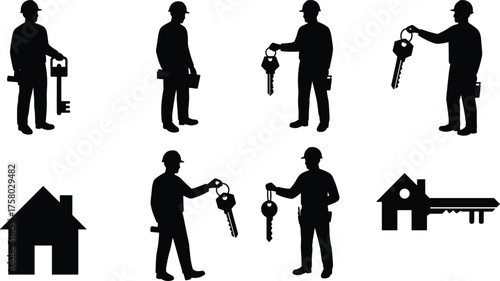  Construction worker silhouette, key exchange concept, toolbox icon, house symbol, black vector figures, property handover, real estate deal, security access illustration