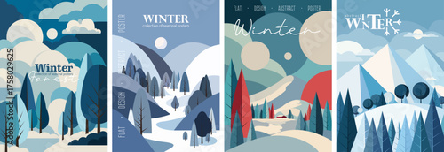 Winter Mountain Landscapes Illustration Collection. Scenic Snowy Nature Posters