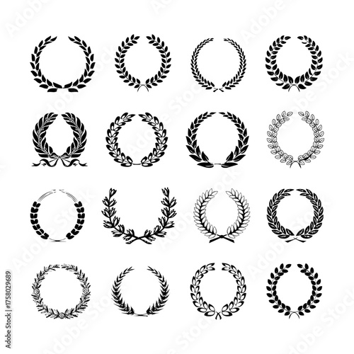 Set of black and white silhouette circular laurel foliate and wheat wreaths depicting award achievment