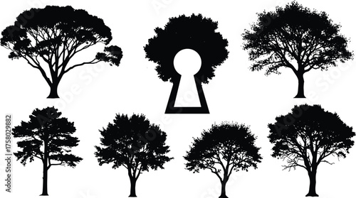 Tree silhouette vector illustration, circular forest design with keyhole canopy symbol, abstract nature art, botanical inspiration, decorative foliage elements, creative symbolic concept