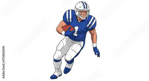 A muscular American football player in a blue uniform with white stripes running with a football.