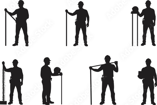 Construction worker silhouettes, hard hat safety, tool belt gear, measuring and lifting tools, industrial labor poses, vector illustration for engineering and building