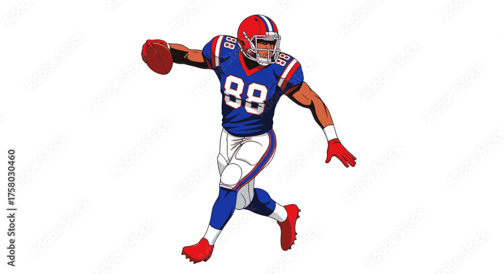 Naklejka premium Illustration of an American football player wearing a blue jersey with the number 88, running with the ball.