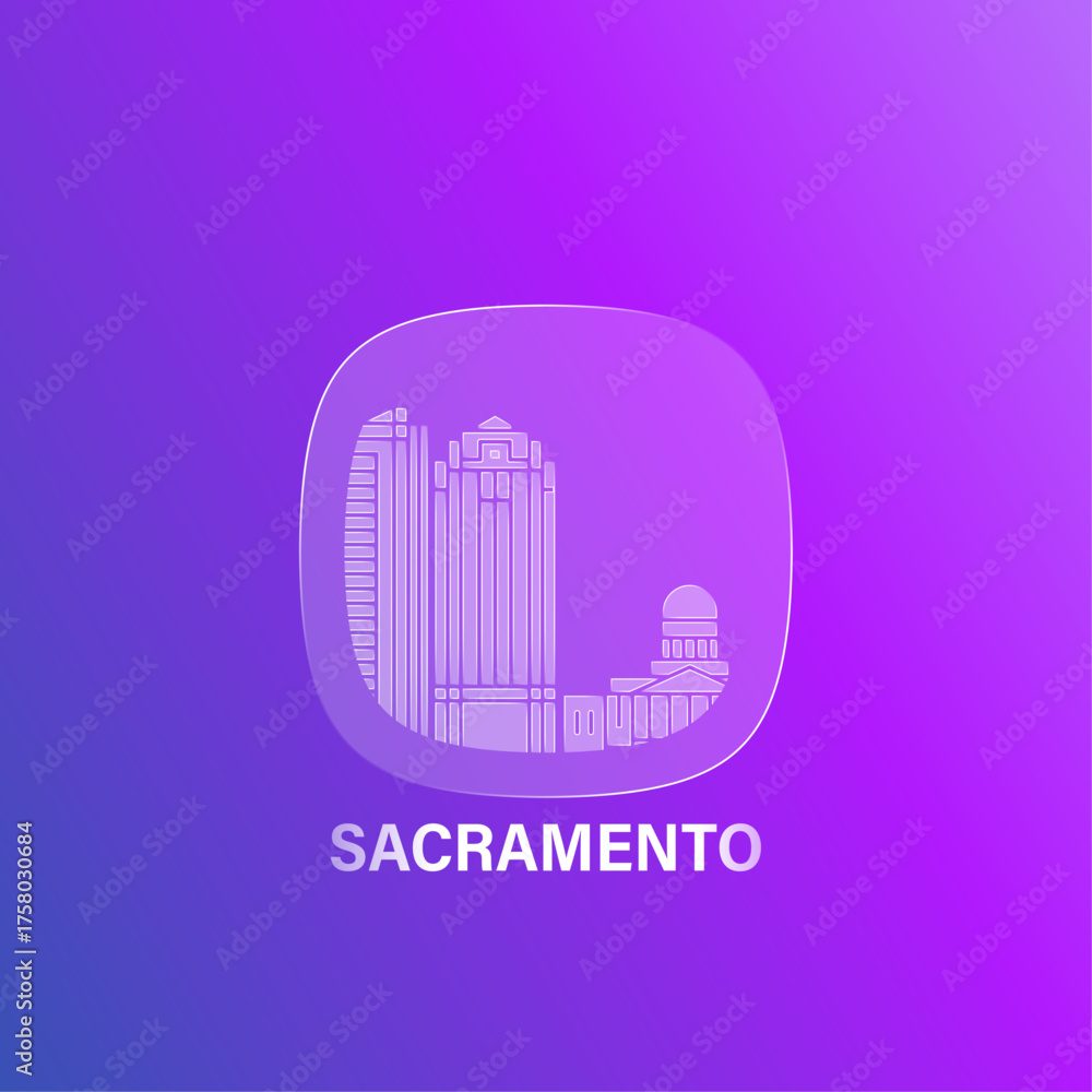 Fototapeta premium Sacramento, USA California state: icon and logo prototype with glass liquid effect. Flat emblem with shapes of landmarks. Concept for mobile app, sticker, web element