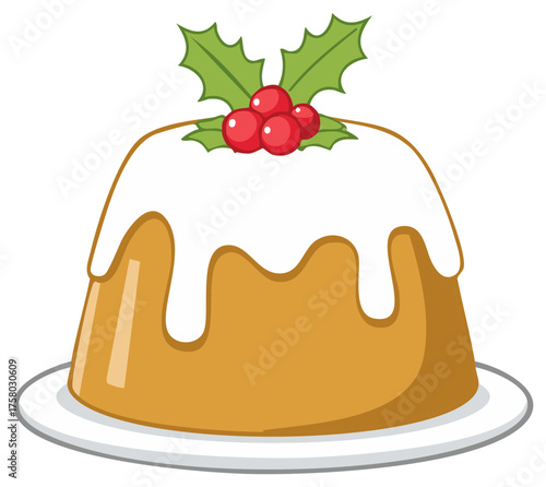 Festive Christmas pudding adorned with holly berries and smooth icing on a white plate