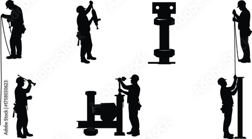  Construction worker silhouettes, mechanical tools, screw jack, power drill, vertical rod, hard hat professionals, tool belt gear, industrial labor, vector icons, assembly tasks