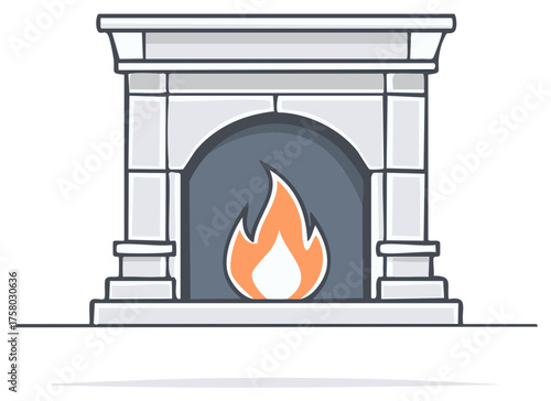 Elegant stone fireplace with a single burning flame flat vector illustration