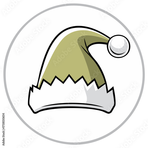 Cartoon-styled illustration of a festive holiday hat with a fluffy white brim and matching pompom detail on a white background