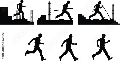  Construction worker silhouettes, running poses, building site action, hard hat professionals, steel bar, scaffolding, uphill motion, vector icons, labor movement, industrial gear