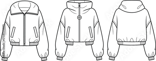 Cropped jacket fashion flat sketch, technical clothing design vector, front and back view illustration, apparel template, garment construction drawing, hoodie variation