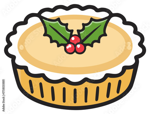 Cartoon illustration of a Christmas mince pie with a festive holly and berry garnish