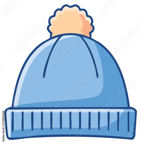 Cute blue winter beanie hat with a pompom cartoon vector illustration