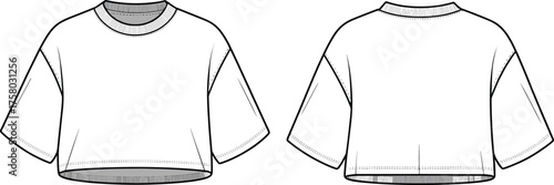 Cropped t shirt fashion flat sketch, technical clothing design vector, front and back view illustration, apparel template, garment construction drawing