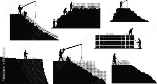 Construction workers on slope, steel reinforcement installation, crane operation vector set, sloped terrain building process, black silhouette illustration for engineering content
