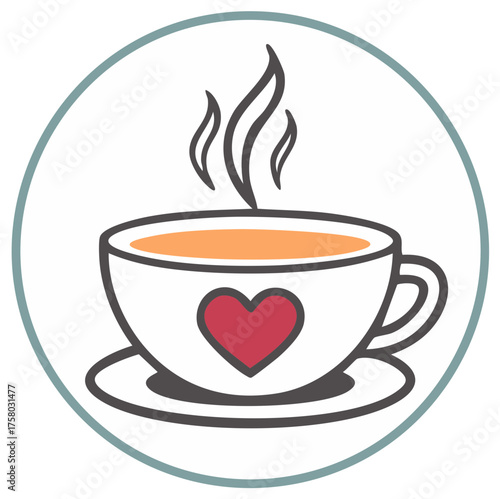 Steaming Hot Beverage in Cup with Heart Graphic Symbolizing Love and Warmth on Plate