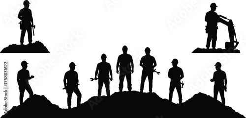Construction workers silhouette, manual labor team, industrial tools, teamwork on site, dirt mound crew, black vector illustration, isolated white background, occupational diversity