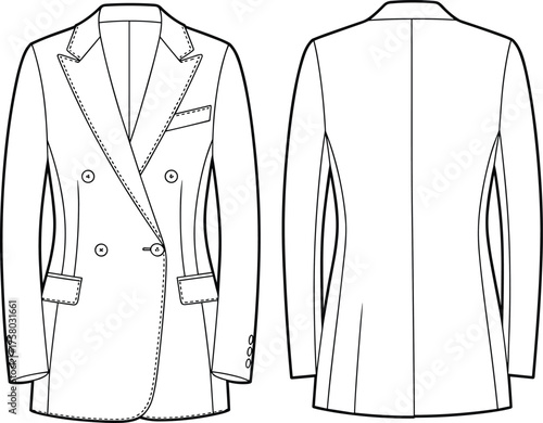 Double breasted blazer cad drawing flat vector illustration, front and back technical fashion design with buttons, collar and pocket details
