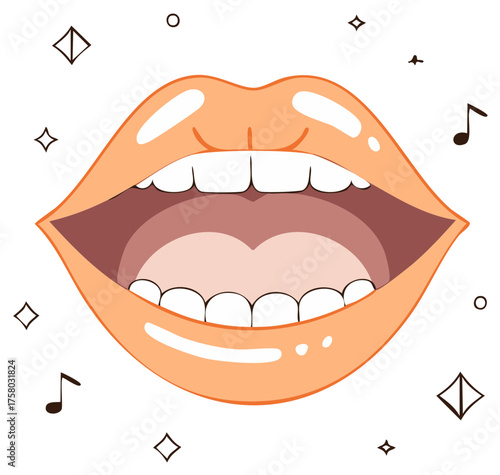 Open Mouth Cartoon with Teeth and Tongue Surrounded by Musical Notes and Diamonds