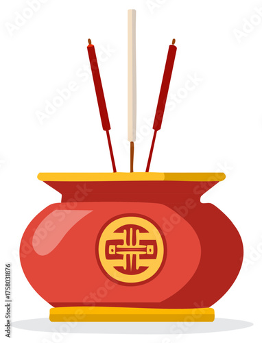 Traditional red Chinese incense burner with joss sticks and a cultural symbol for ceremony