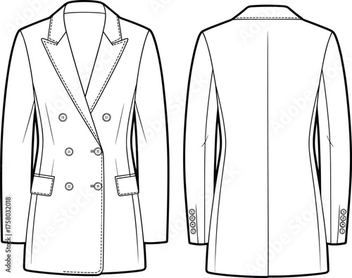 Double breasted blazer fashion flat sketch, elegant tailored coat CAD drawing, vector clothing design template, formal jacket technical apparel illustration