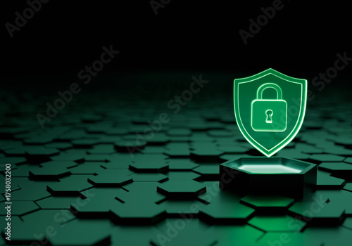 Digital Fortress: A glowing shield symbol, depicting a locked padlock, stands guard atop a geometric hexagon structure, a metaphor for cyber security and digital protection.