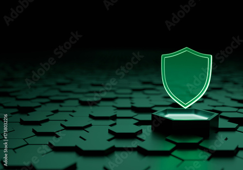 Cyber Security Shield: A radiant green shield emblem, a beacon of safety, stands against a sleek, honeycomb-textured backdrop, embodying digital security and protection. 