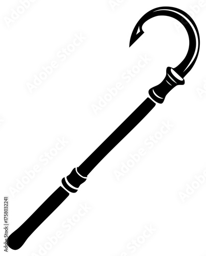 Elegant black shepherd crook vintage cane symbol of authority and direction decorative walking stick graphic illustration