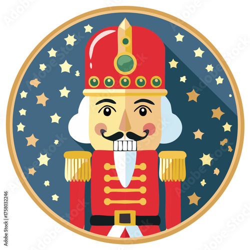 Festive Cartoon Nutcracker Portrait with Stars and Ornamental Details in a Circular Frame for Holiday Designs