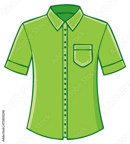 Vector illustration of a casual green short sleeved button down shirt with a pocket