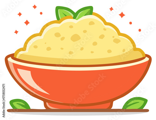 Stylized yellow creamy dish in a red bowl with fresh green garnish and sparkles