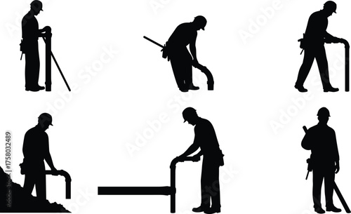  Construction workers with jackhammers silhouettes in various poses, demolition and roadwork vector set, industrial labor safety equipment and action