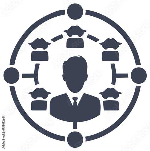 Fleet management and car sharing system icon with a central user connected to a network of vehicles