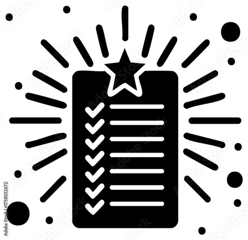 Checklist with star and check marks, achieving goals and success, vector icon