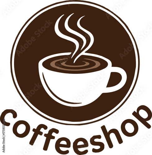 White coffee cup with steam and brown text coffeeshop logo hot drink beverage