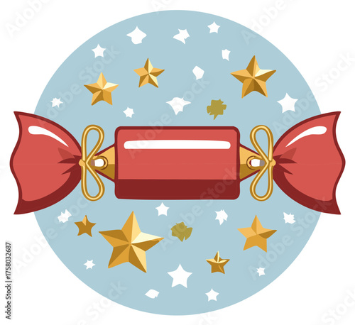 Festive red wrapped candy treat with golden stars on a blue circle illustration